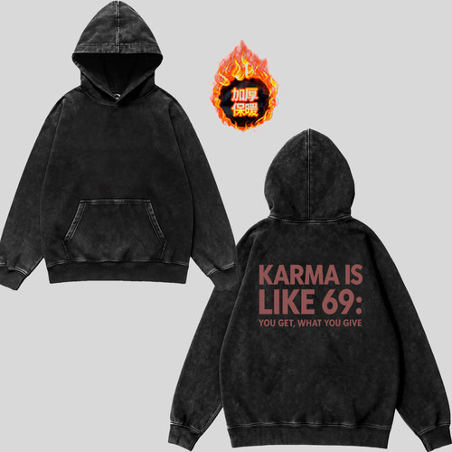 美式水洗做旧连帽卫衣 KARMA IS LIKE 69 加厚宽松复古休闲帽衫男