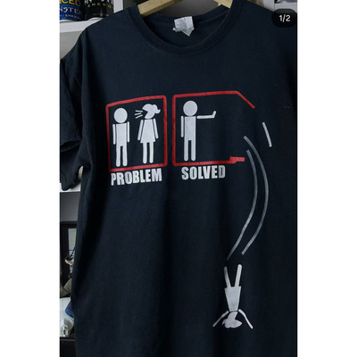 美式印花短袖男女 PROBLEM SOLVED 搞笑吐槽图案宽松黑色 T恤夏季