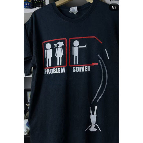 美式印花短袖男女 PROBLEM SOLVED 搞笑吐槽图案宽松黑色 T恤夏季