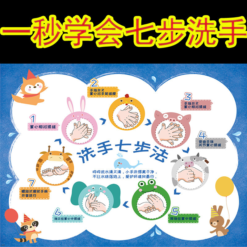 速发七步洗水法墙贴幼儿园洗手防手贴纸步骤图室级文化墙教班布置