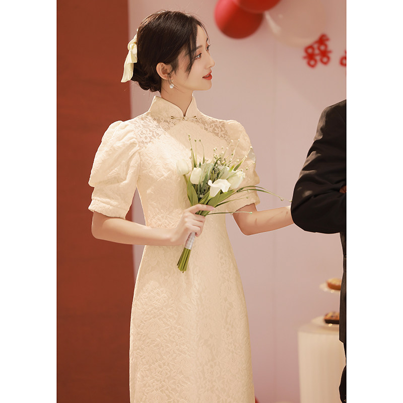 速发香槟色礼服订可旗袍日常婚穿轻奢高级感娘伴服领证宴会连衣裙