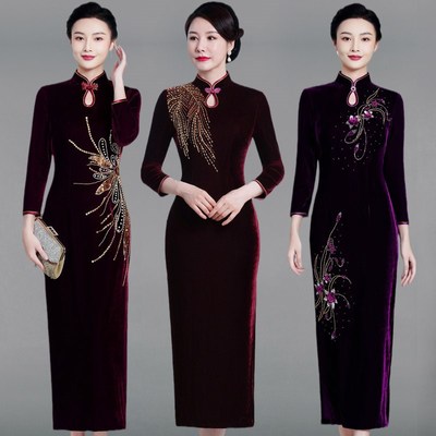 现货速发加大码中年妈妈旗袍秋冬长袖长款喜婆婆婚宴装婚礼礼服喜