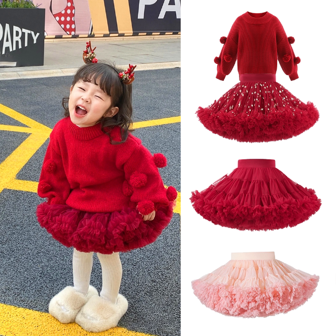 新款tutu裙子酒红星星球球毛衣女童红色新年拜年服儿童公主蓬蓬裙