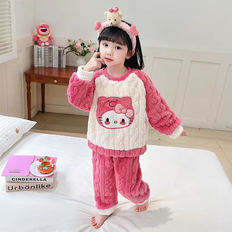 睡衣女童儿童法兰绒秋冬卡通新款可爱保暖加厚宝宝家居服珊瑚套装