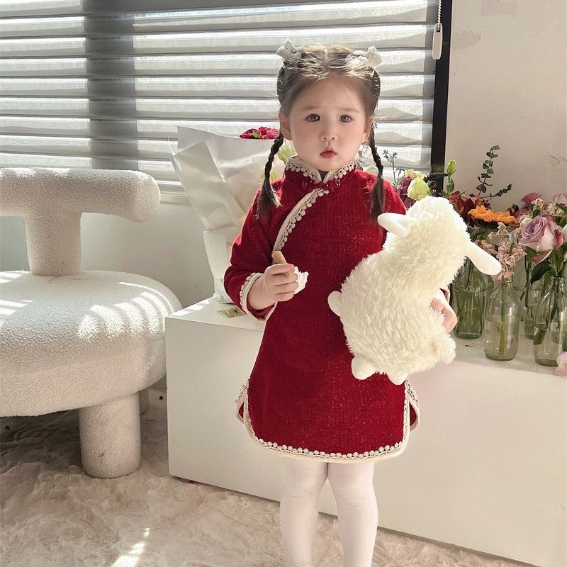 女童女宝宝秋冬唐装旗袍汉服红色中国风新年拜年服加绒洋气连衣裙