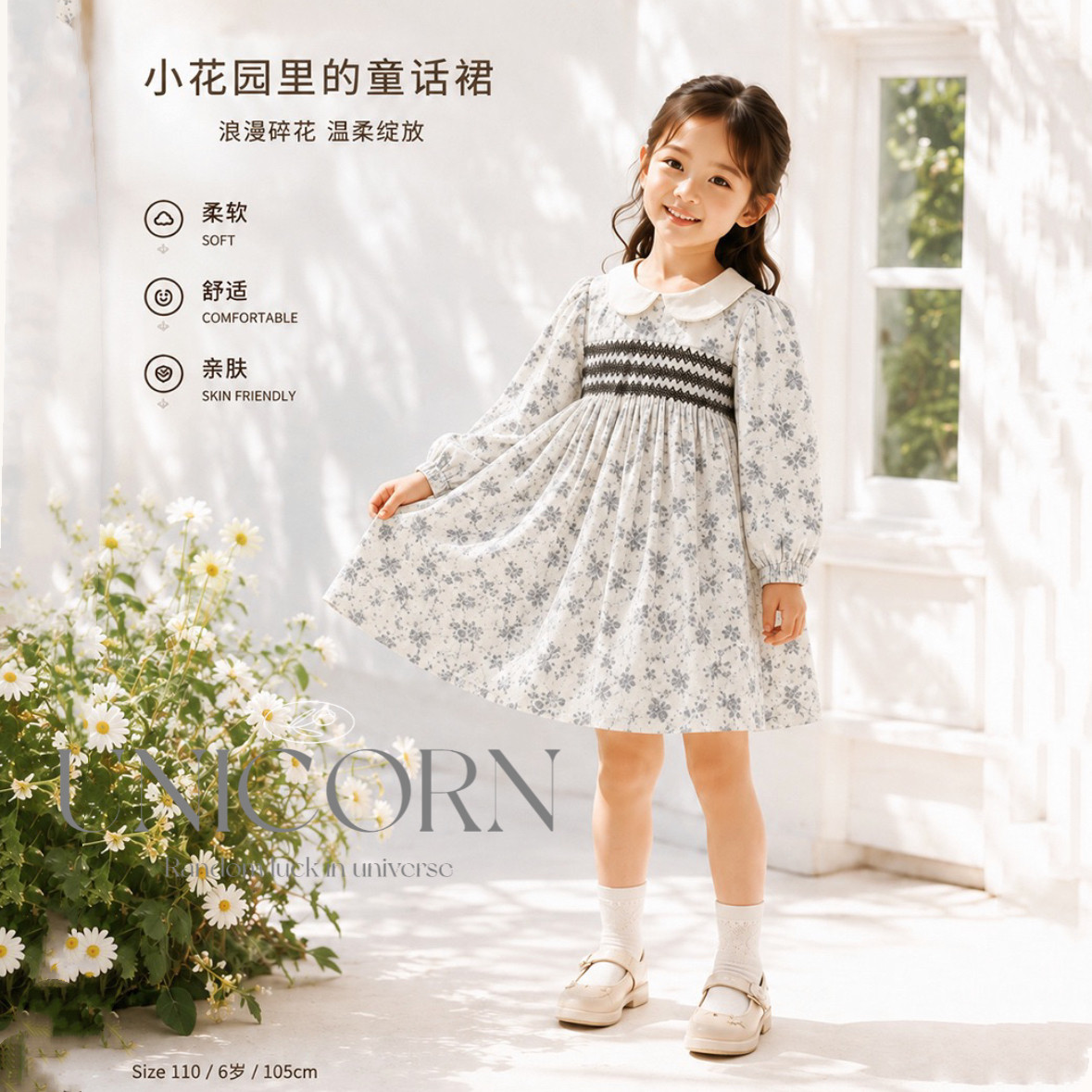 UNICORN女童连衣裙2026新款女宝碎花娃娃领长袖公主裙春秋款裙子