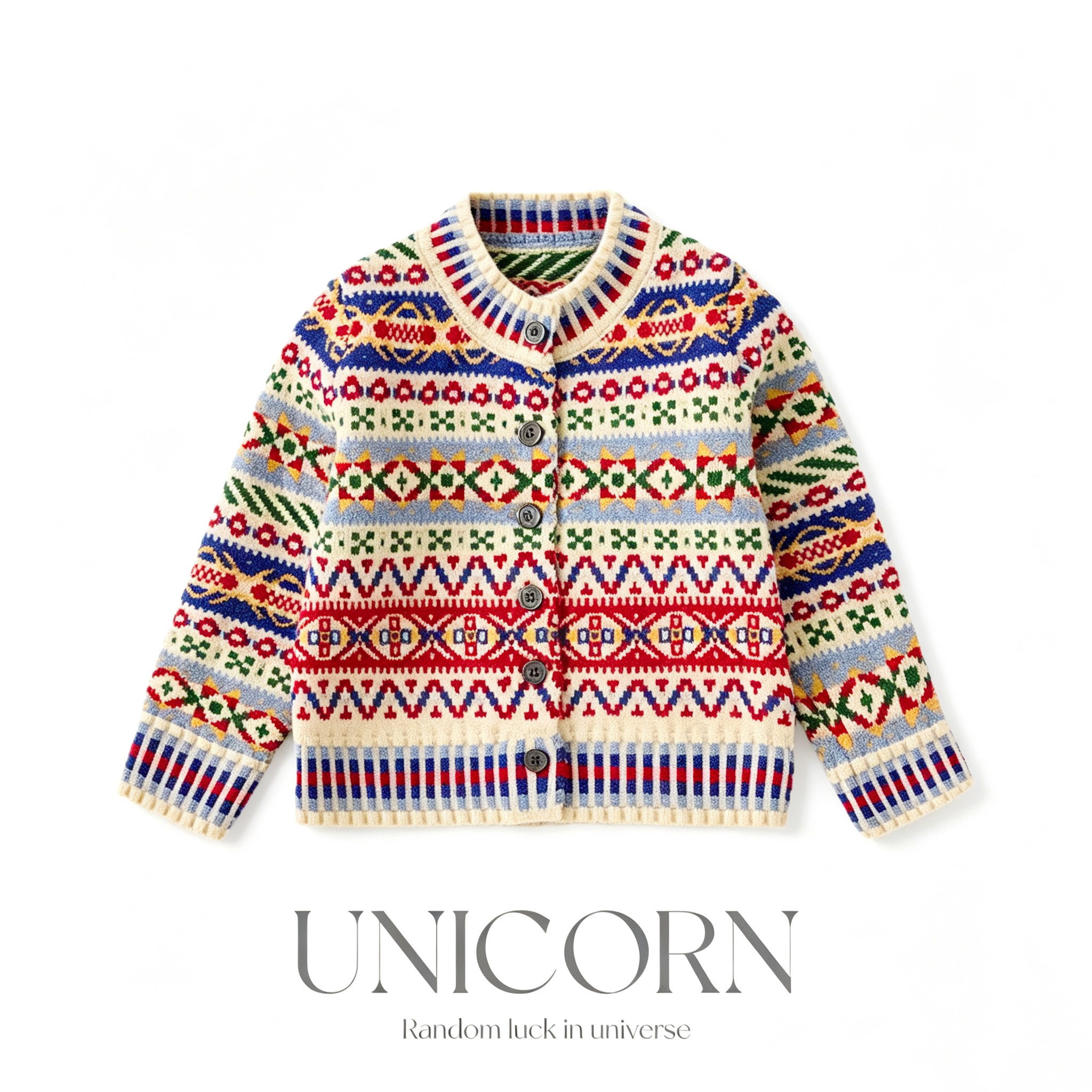 UNICORN女童2026新款复古民族风针织开衫春秋款撞色文艺毛衣外套