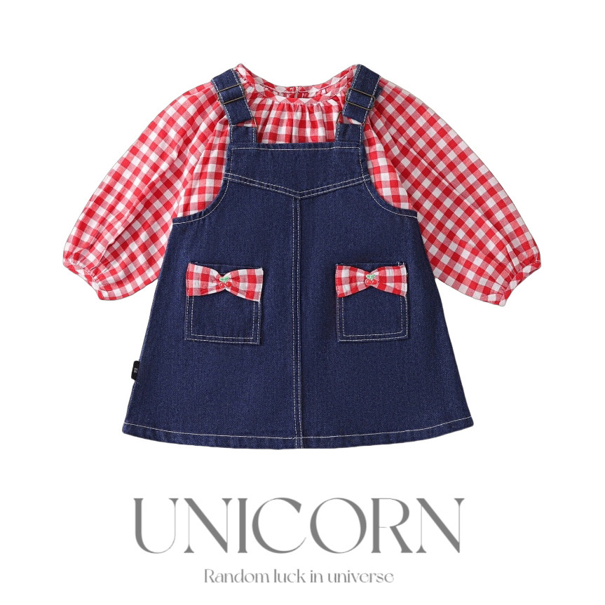 UNICORN女童樱桃牛仔背带裙25春新款韩版可爱女孩格子衬衫两件套
