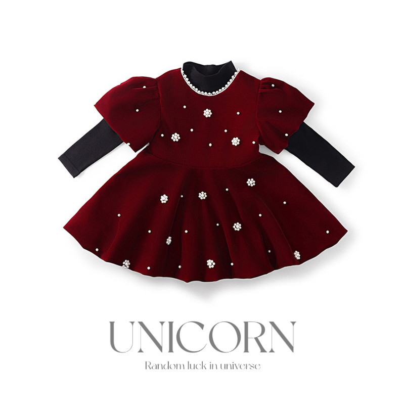 UNICORN连衣裙女童春秋冬新款红色珍珠丝绒公主裙两件套周岁礼服
