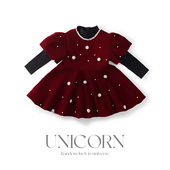 UNICORN连衣裙女童春秋冬新款 红色珍珠丝绒公主裙两件套周岁礼服