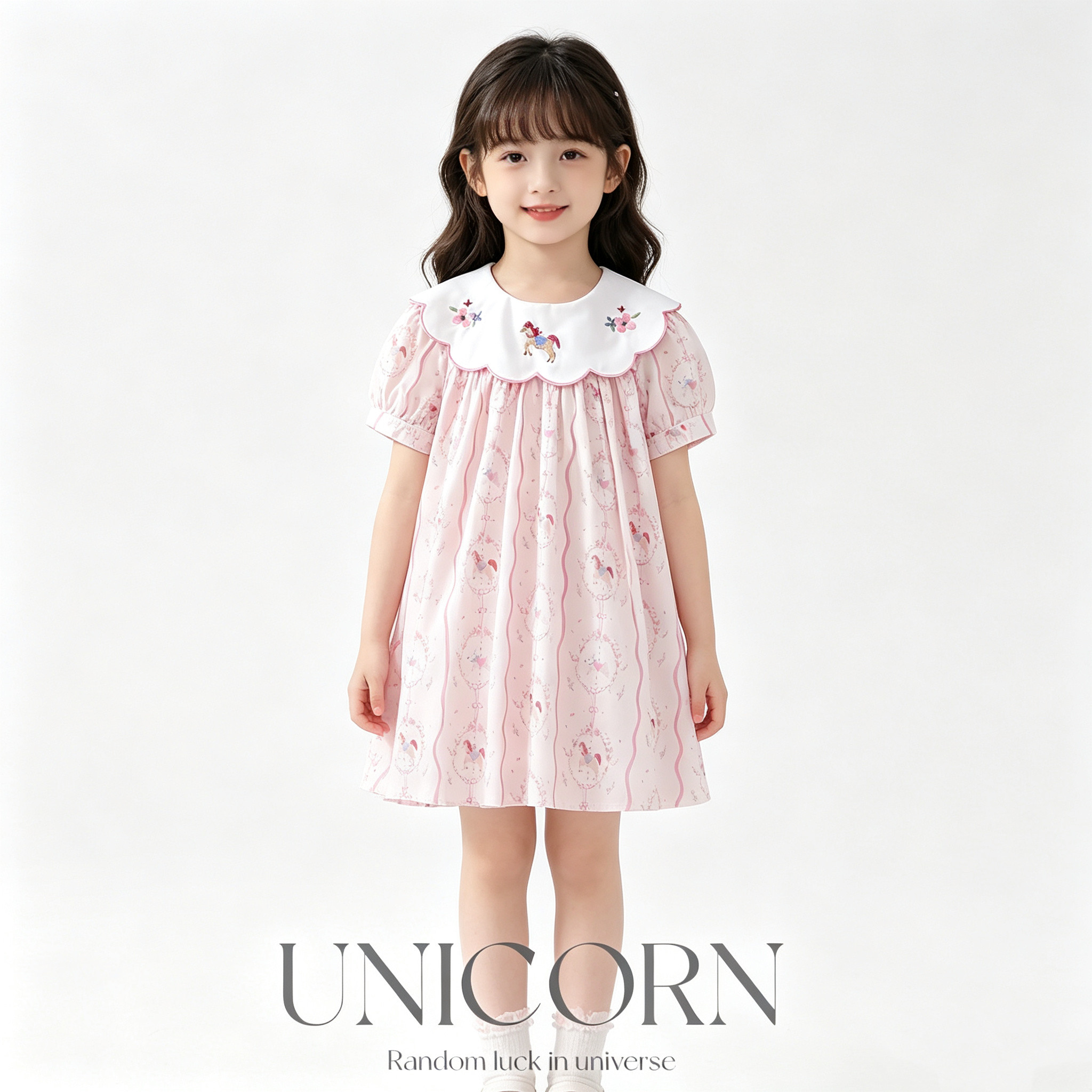 UNICORN女童26夏季新款韩版小马刺绣连衣裙女宝甜美可爱公主裙子