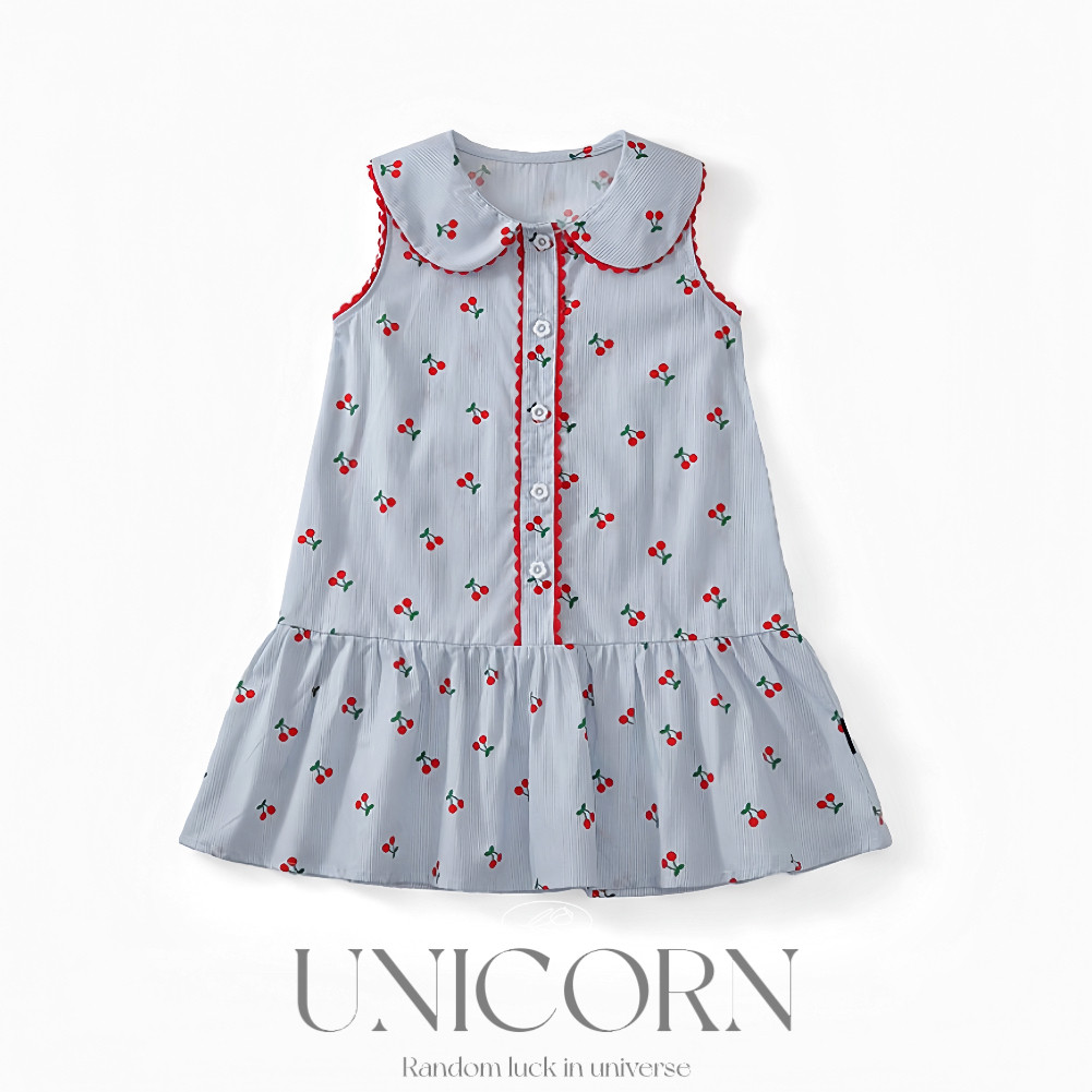 UNICORN女童26夏新款韩版撞色条纹樱桃背心连衣裙娃娃领甜美裙子