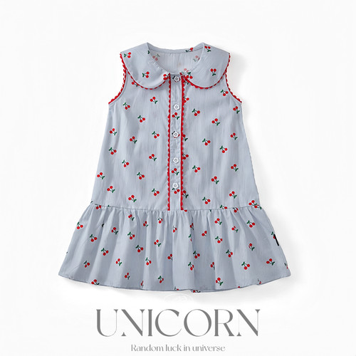UNICORN女童26夏新款韩版撞色条纹樱桃背心连衣裙娃娃领甜美裙子