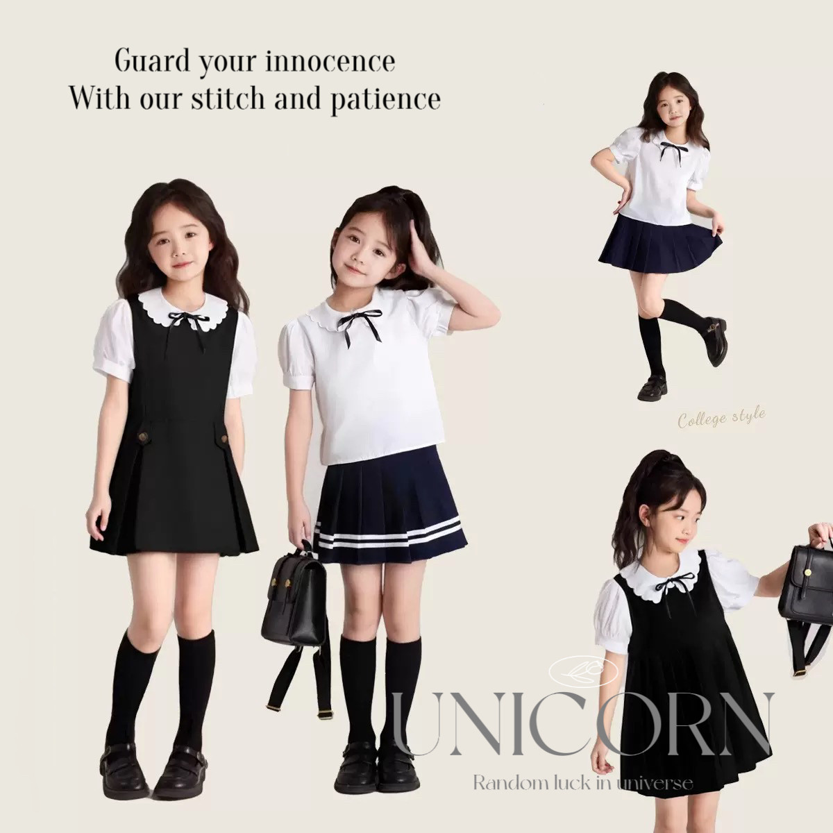 UNICORN女童26春夏韩版学院风套装女宝jk百褶裙衬衫背心裙两件套