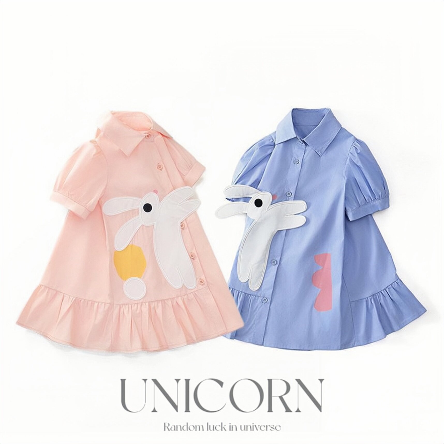 UNICORN女童春夏新款韩版纯棉衬衫裙女宝甜美可爱童趣兔子连衣裙