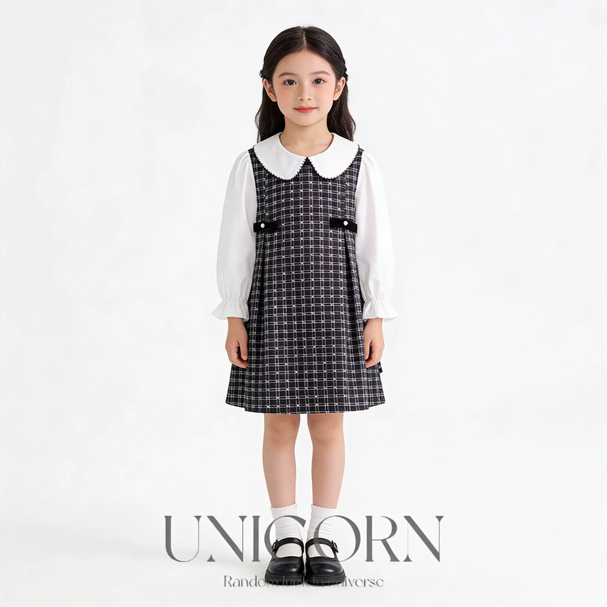 UNICORN女童26年春秋新款韩版格子衬衫连衣裙女宝假两件公主裙子