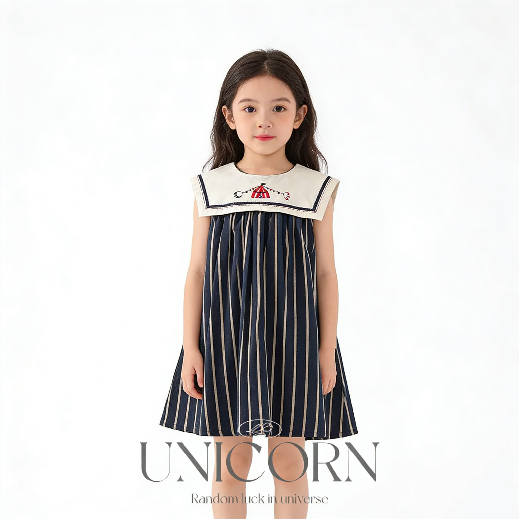 UNICORN女童夏季新款韩版复古洋气刺绣条纹无袖海军领背心连衣裙