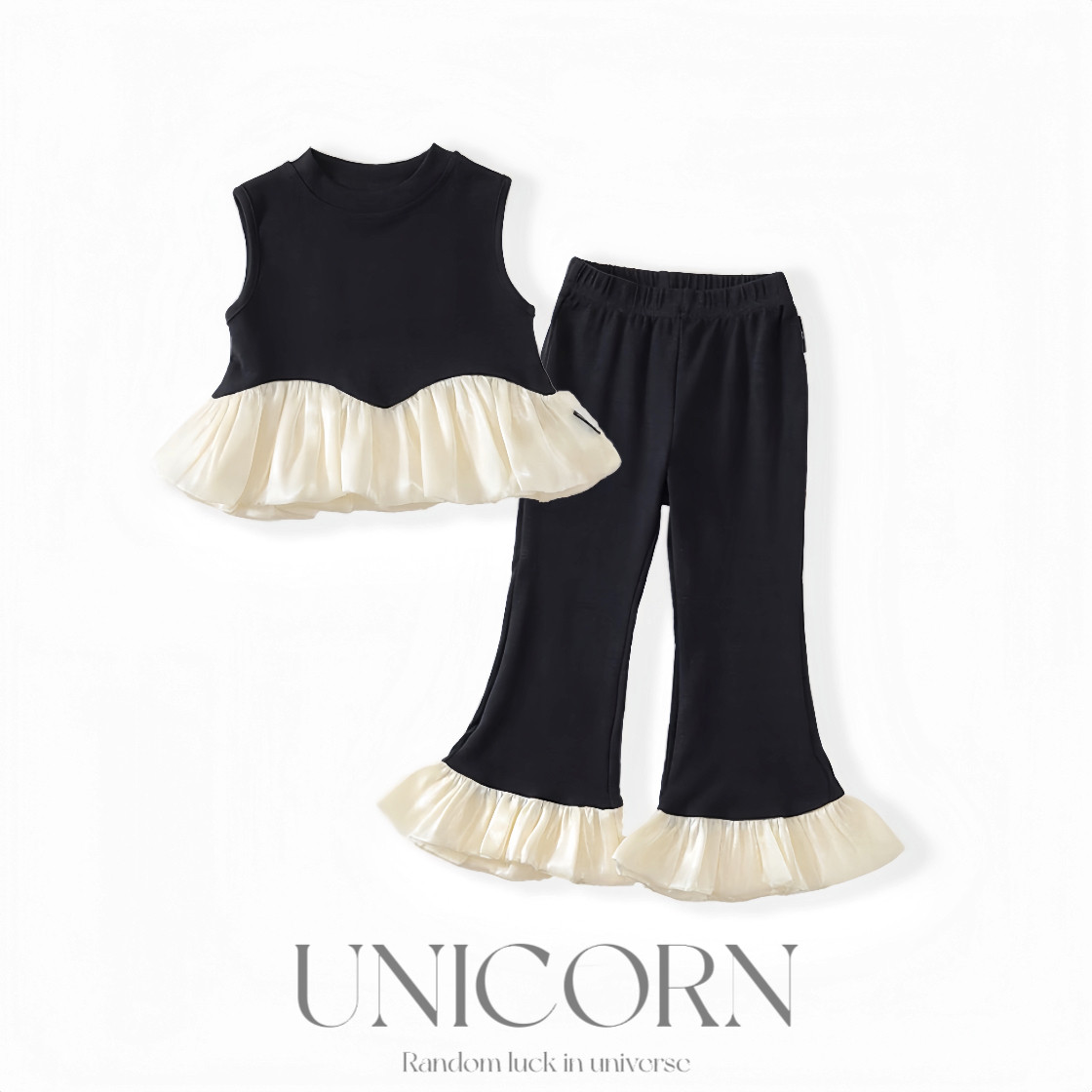 UNICORN女童26夏季新款韩版时尚黑色套装荷叶边背心微喇裤两件套