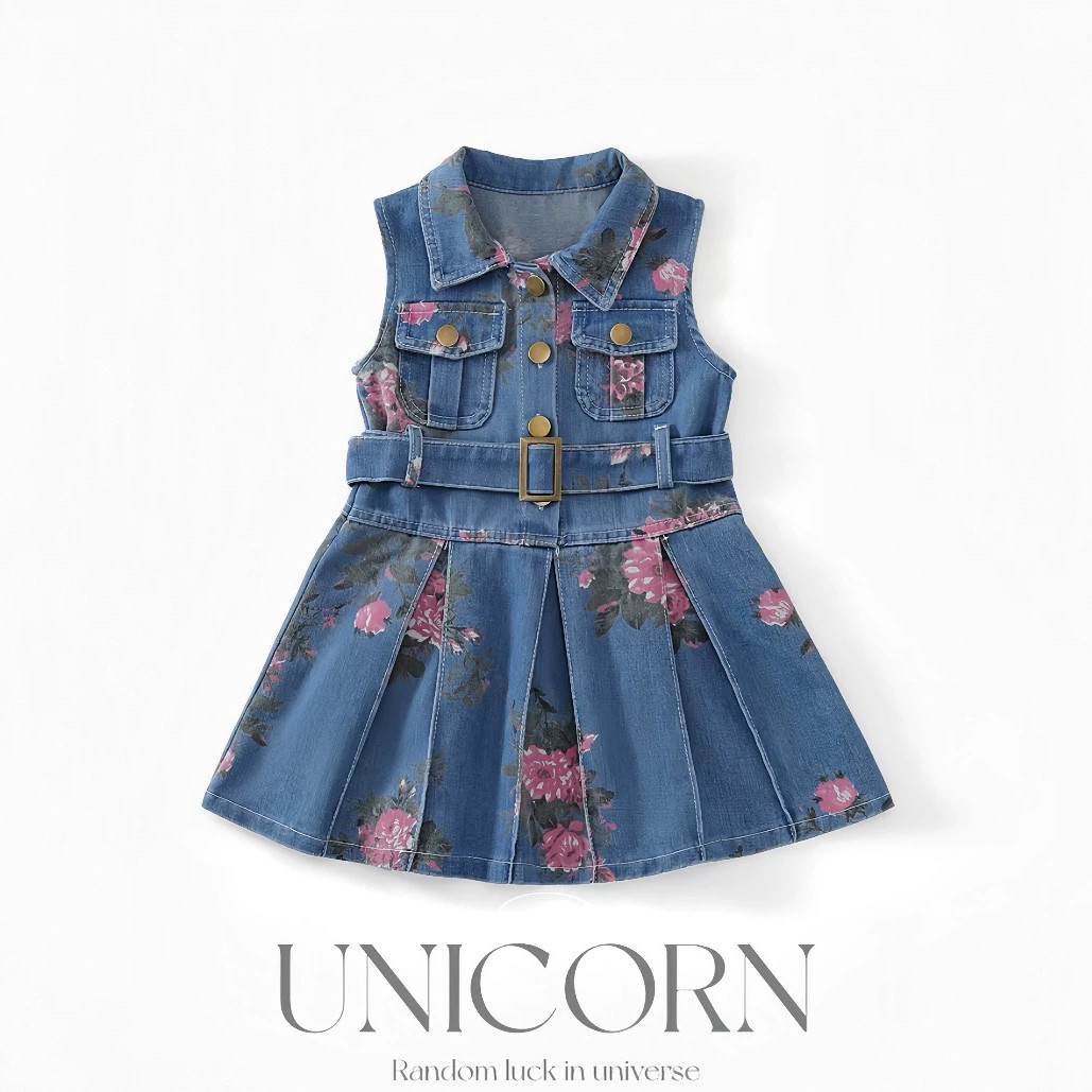 UNICORN女童连衣裙夏季2026新款潮流牛仔翻领背心裙儿童无袖裙子