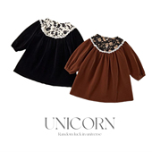 25新款 韩版 法式 UNICORN女童秋季 公主裙碎花领长袖 女宝丝绒连衣裙