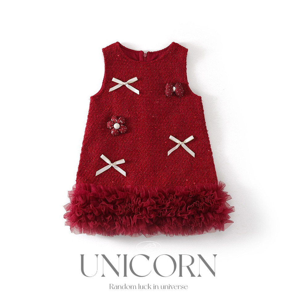 UNICORN女童25秋冬新款韩版红色背心连衣裙女宝周岁公主裙拜年服