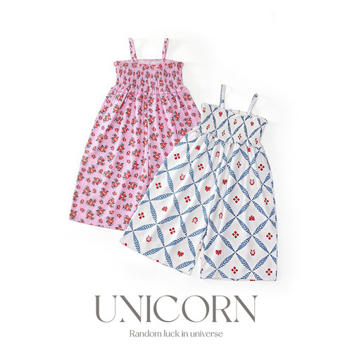 UNICORN女童26夏季韩版碎花吊带连体背带裤休闲度假风沙滩阔腿裤