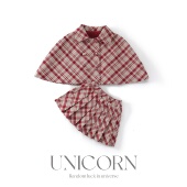 UNICORN女童26秋冬新款 英伦风毛呢格子斗篷披风百褶裙两件套女宝