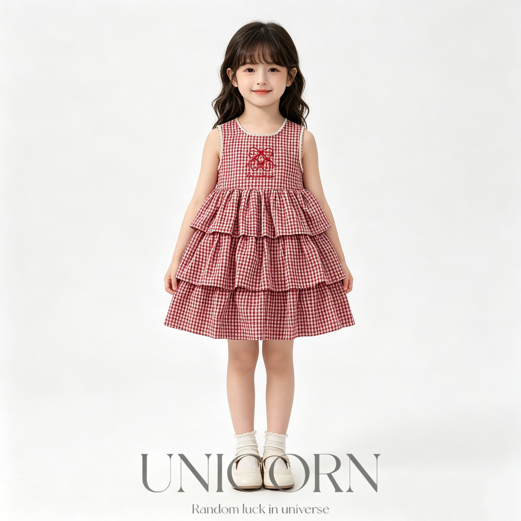 UNICORN女童26夏季新款韩版红色格子背心连衣裙荷叶边无袖蛋糕裙