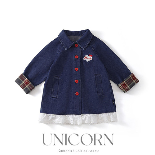 UNICORN女童26春秋新款韩版牛仔风衣外套女宝蕾丝拼接中长款开衫