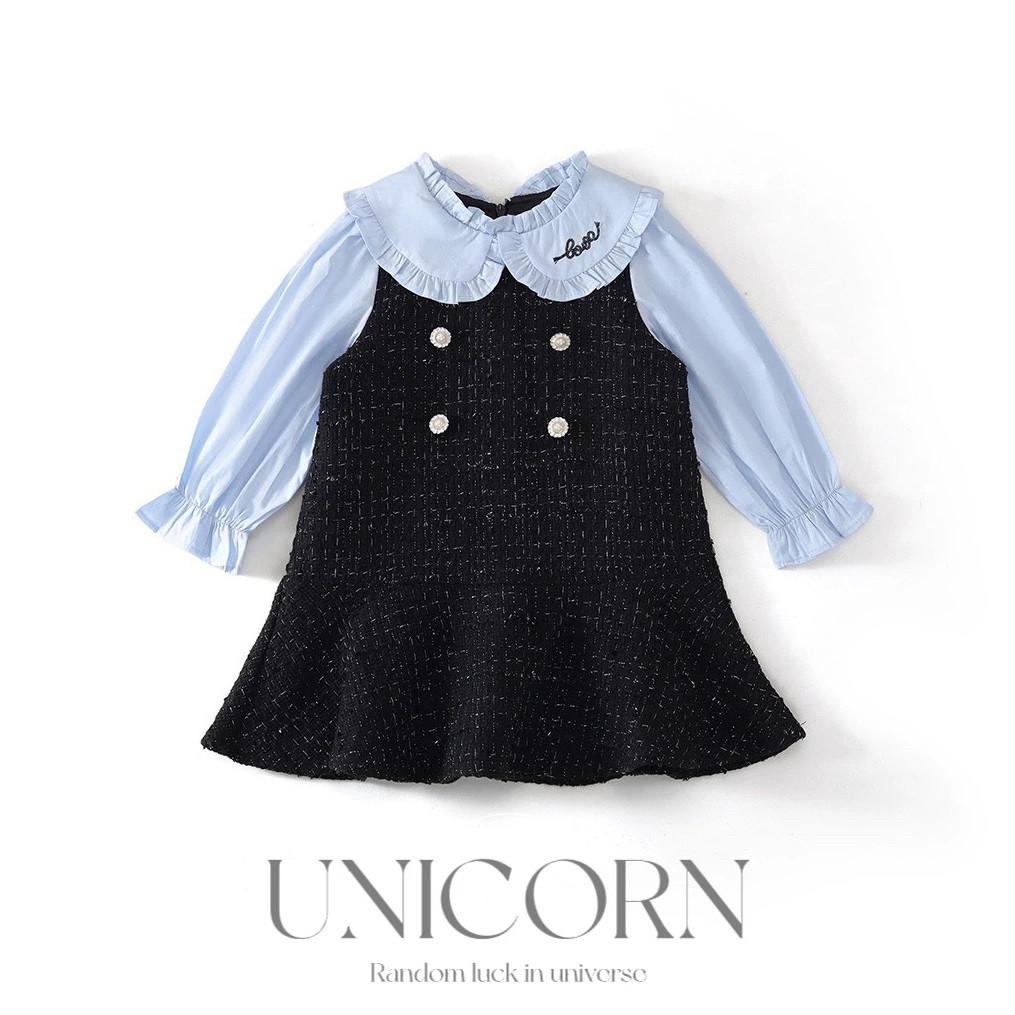 UNICORN女童26春秋新款韩版学院风连衣裙女宝假两件娃娃领公主裙
