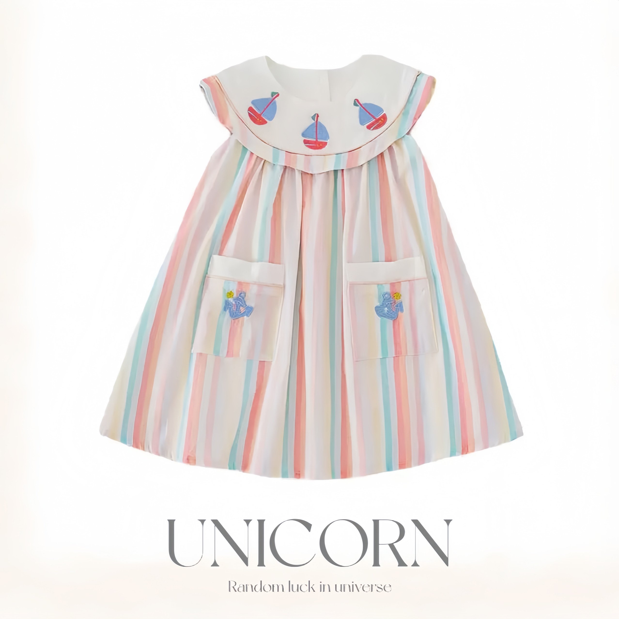 UNICORN女童春秋款韩版纯棉连衣裙马克龙彩色条纹刺绣帆船公主裙