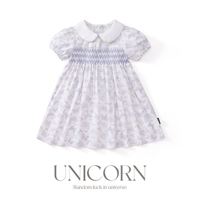 UNICORN女童26年夏季新款法式蝴蝶印花泡泡短袖连衣裙可爱公主裙