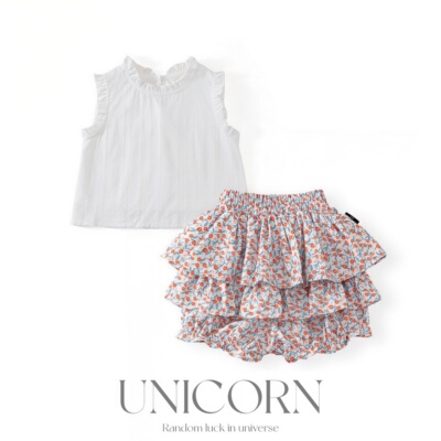 UNICORN韩版26夏新款女童套装无袖洋气上衣碎花蛋糕裙裤两件套