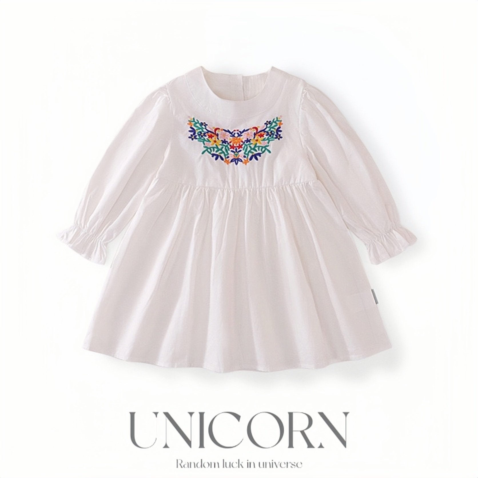 UNICORN女童26春秋新款纯棉长袖连衣裙女宝韩版刺绣白色公主裙