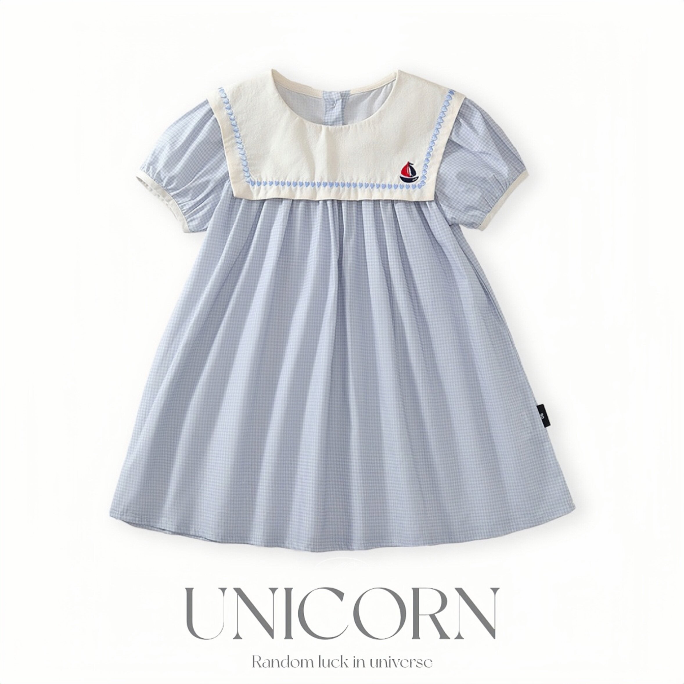 UNICORN女童26夏季新款日系海军领格子短袖连衣裙女宝小帆船童装