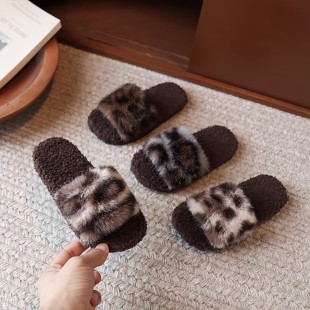 秋冬豹纹儿童毛毛拖鞋出口环保料女童拖鞋新款外穿软底防滑棉拖鞋