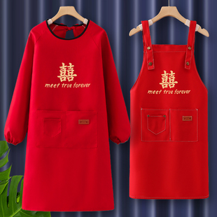 速发结g围裙喜庆红色上班纯棉长袖罩衣新款工作婚防污lo服o印字