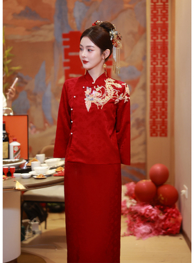 速发新中式高级感红色套旗敬婚服新娘结婚秀禾服酒服长袖装袍订婚