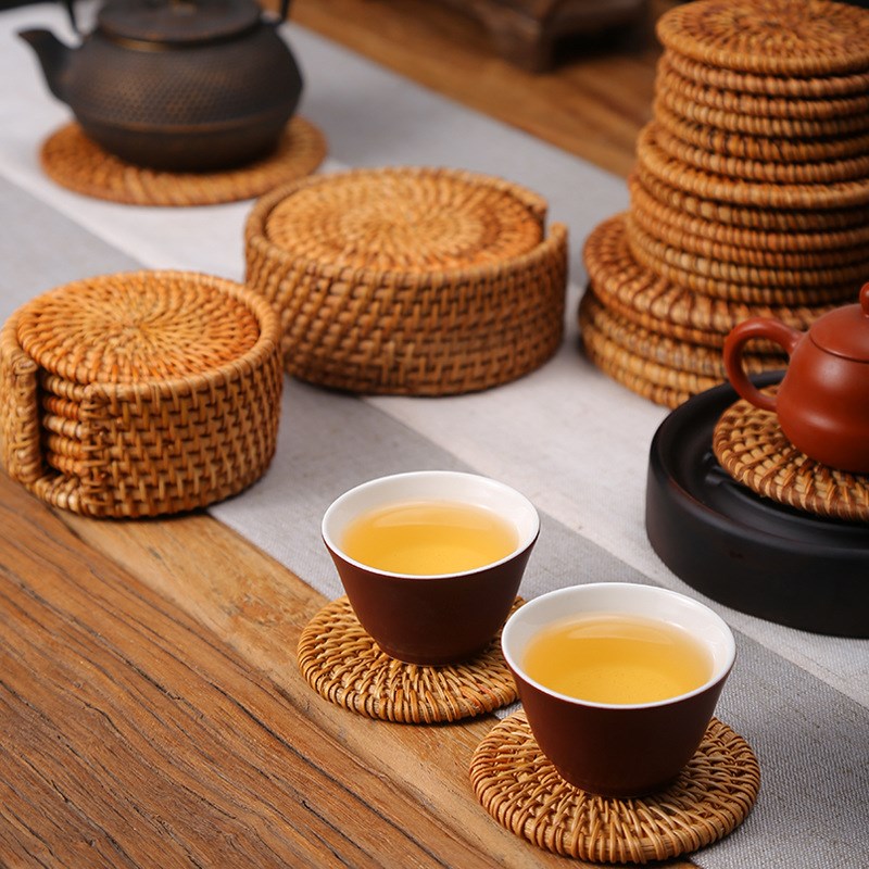 速发夫批杯垫藤编餐垫编织碗具垫套装功可茶杯托餐桌盘茶防烫垫水