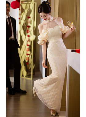 速发新中式晚礼服香槟色鱼尾晨新袍娘结婚答谢宴聚敬订婚回门会酒