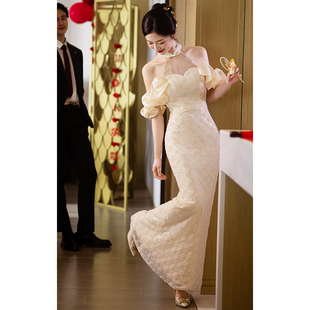 速发新中式晚礼服香槟色鱼尾晨新袍娘结婚答谢宴聚敬订婚回门会酒