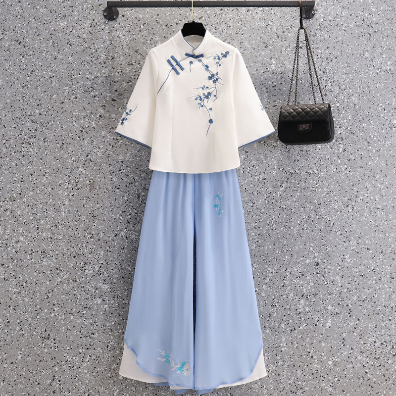 速发唐装女成人汉服夏季新中式复古国风改良旗袍阔腿裤套装茶服工