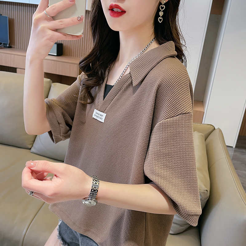 速发p2领华夫装t恤夏格o025新款宽松小个子短款假两件上衣潮