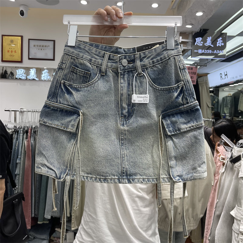 速发个性大口袋牛仔工装裙2024夏季新品高腰休闲个性飘带防走光半