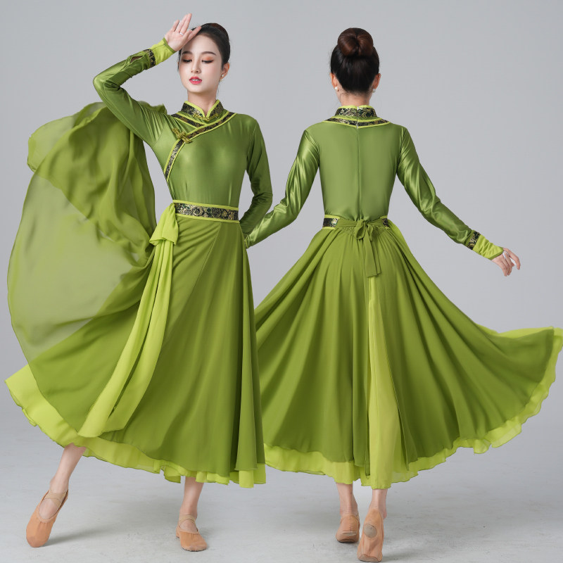 速发蒙古族舞蹈服装成人演出服民族舞套装艺考练习裙绿色上衣裙子
