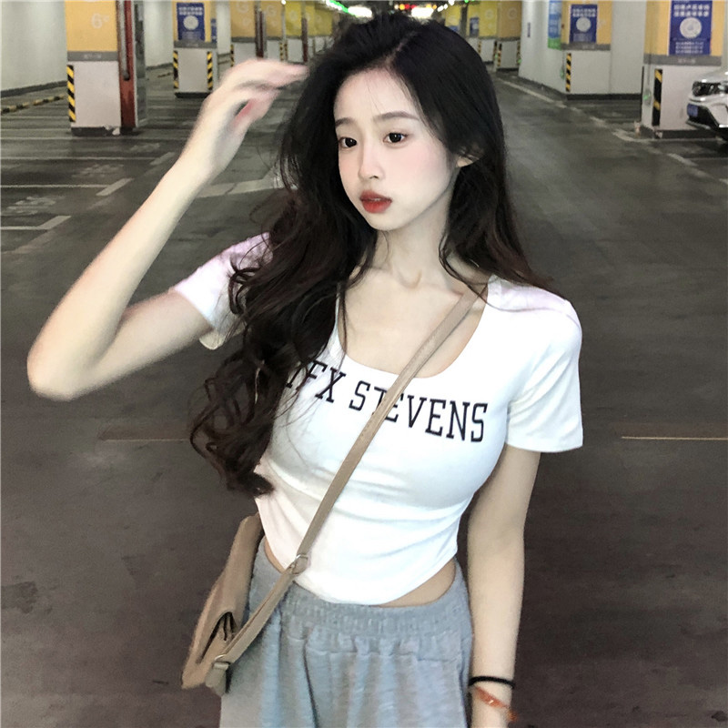 速发不规上白色u领t恤夏夏款紧身半袖高腰短季纯棉则衣