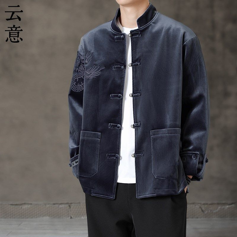 速发新中式装唐男中国风龙刺绣立领夹克复古山扣汉服宽松中盘外套