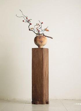 新中式侘寂风复古客厅茶室玄关落地实木墩花架装饰品造景摆件花托