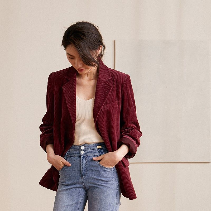 卜语春秋款灯芯绒外套女西装上衣宽松休闲女士单排扣长袖条绒西服