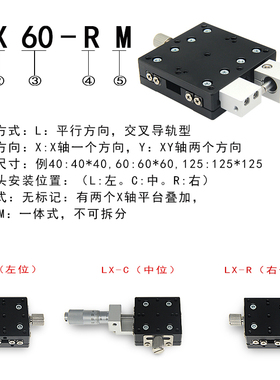 X轴位移平台LX40/60/80/90/125手动精密微调移动平台一维平移滑台
